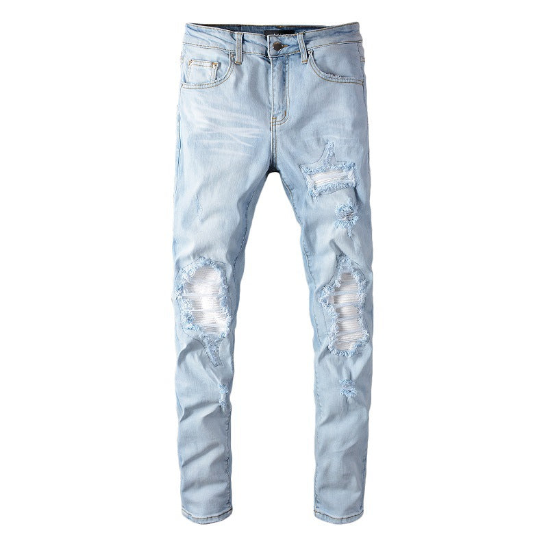 Light Blue Ripped Patch Slim Fit Men