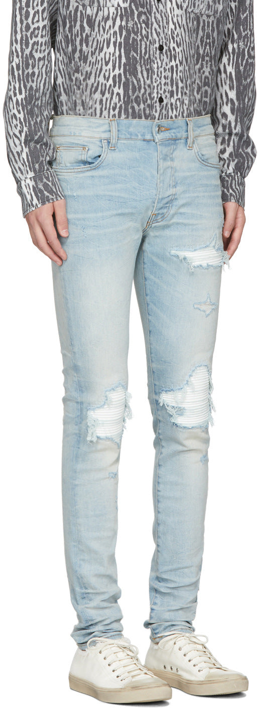 Light Blue Ripped Patch Slim Fit Men