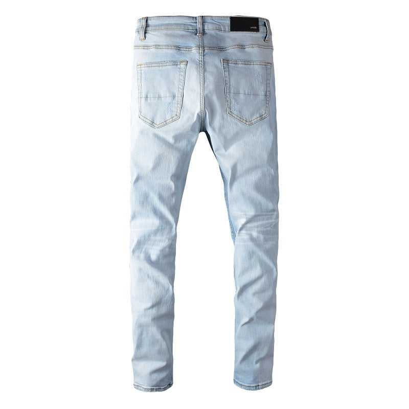 Light Blue Ripped Patch Slim Fit Men