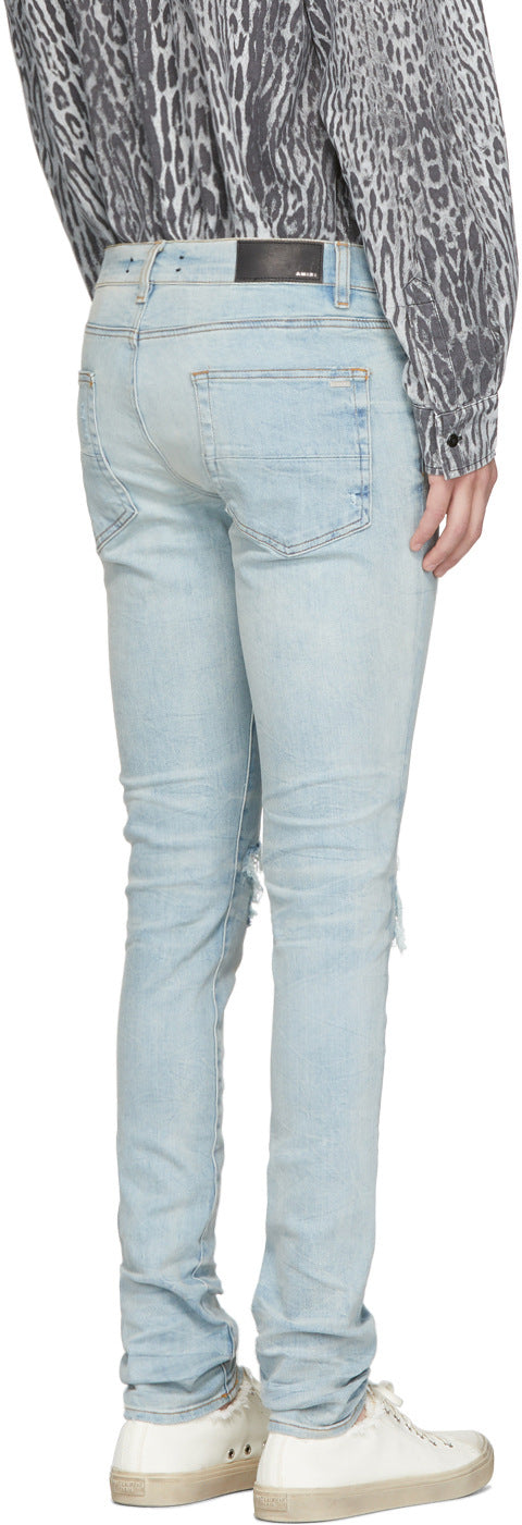 Light Blue Ripped Patch Slim Fit Men